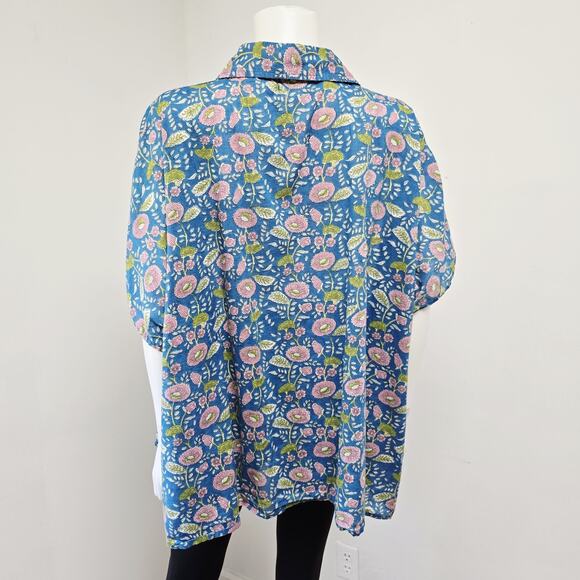 Natural Life Shirt Oversized One Size Blue Kelly Stamped India Floral Button Up - Picture 3 of 7